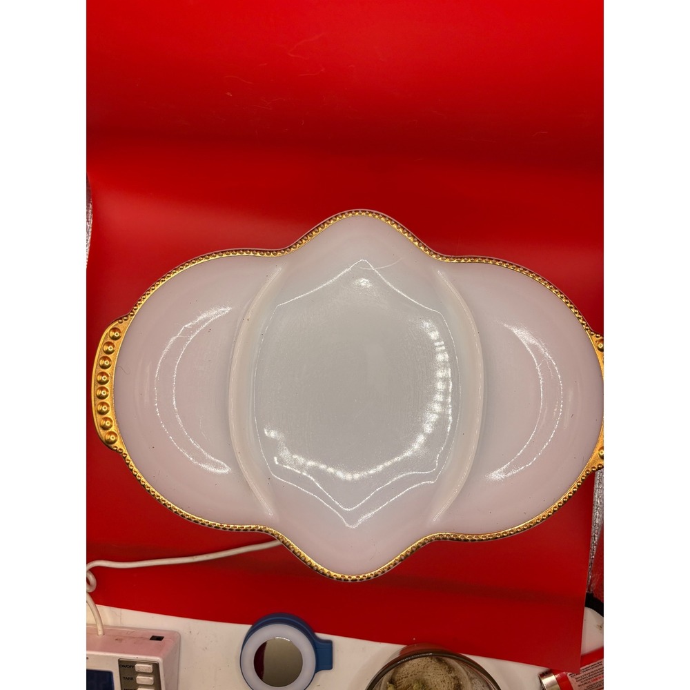 Vintage Fire King Milk Glass Relish Dish Gold Beaded Trim 3 Compartment Tray